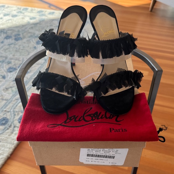 Christian Louboutin Shoes - Christian Louboutin Black and Cream Ruffle Slide Sandals